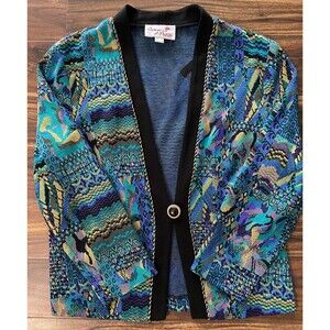 Vintage 80’s Caron Chicago MultiColor Purple Abstract Open Front Cardigan 12 USA